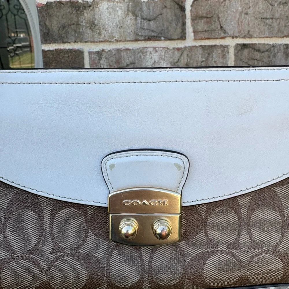 Coach Brown Signature Canvas Clutch with White Flap